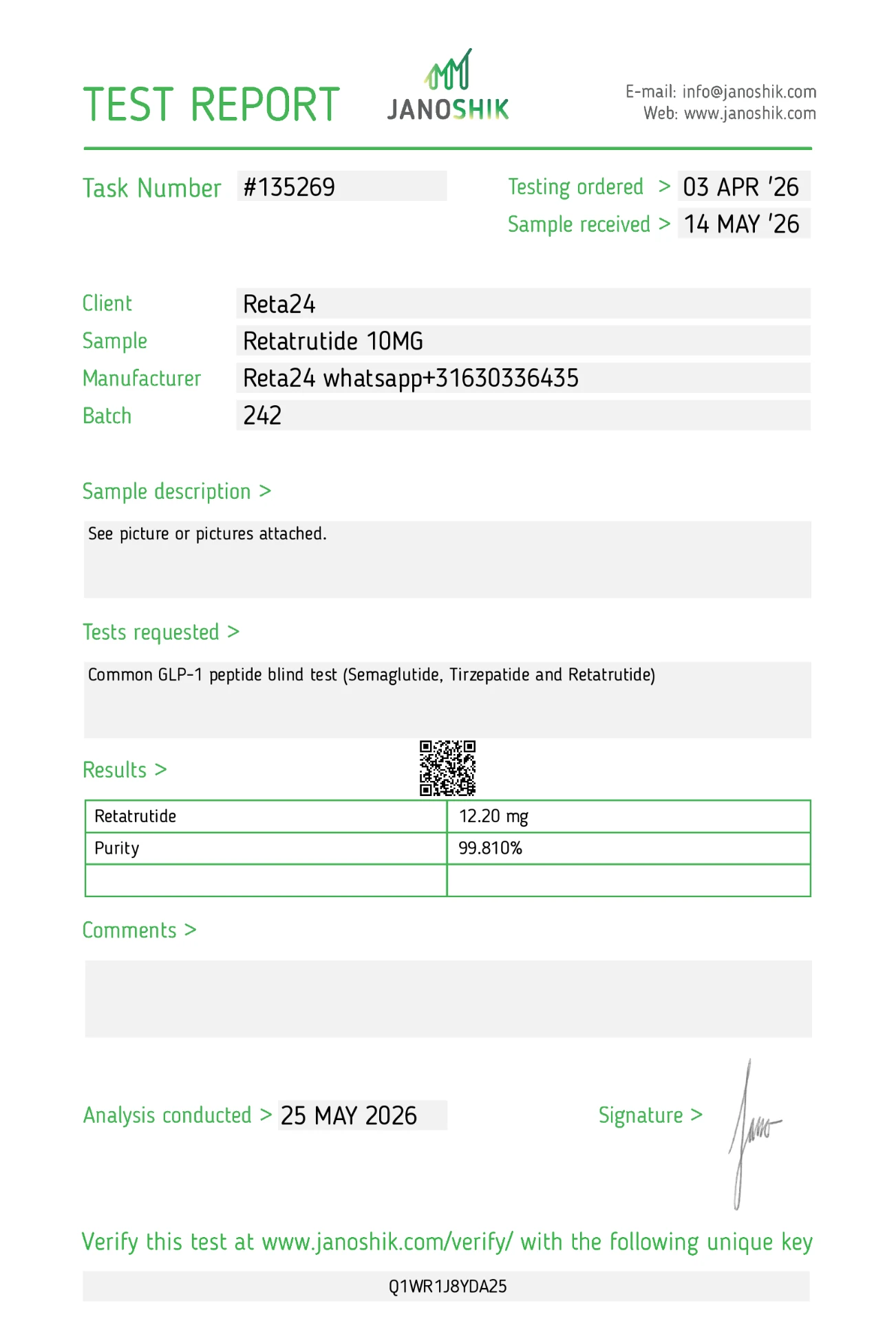 Janoshik Analytical test report for Reta24 Retatrutide — 99.810% purity, 12.20 mg measured content